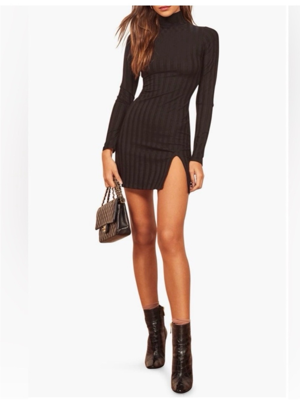 Reformation Black Ribbed Short-Sleeve Mini Dress